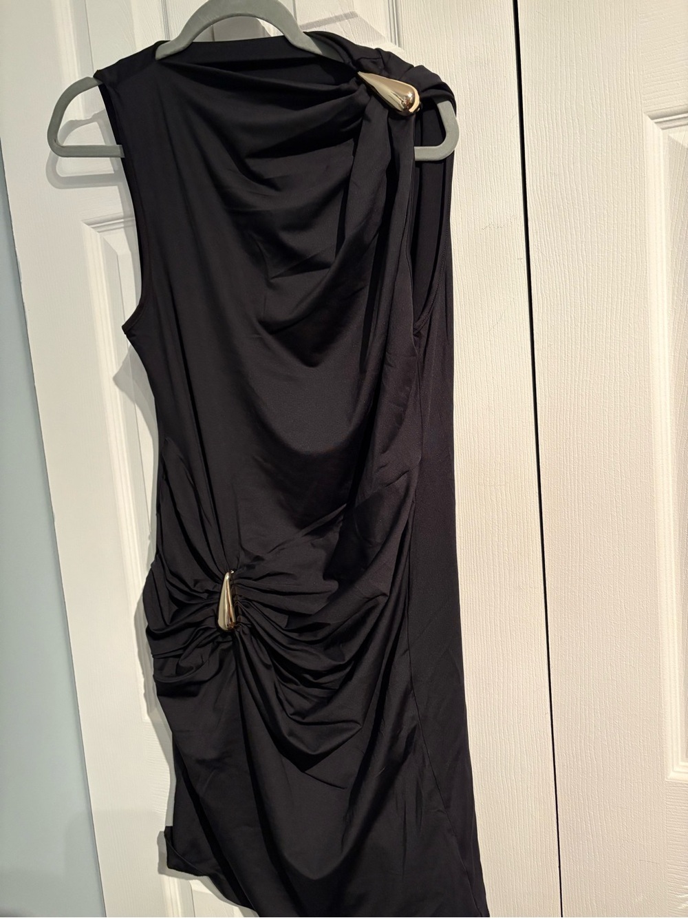 Black Drape-Detail Sleeveless Dress with Gold Accents